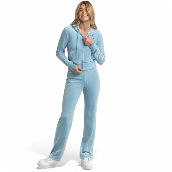 JUICY COUTURE BLING Velour 2 Piece TRACKSUIT Pants + Hoodie Set Frosted Blue NWT - Picture 10 of 16
